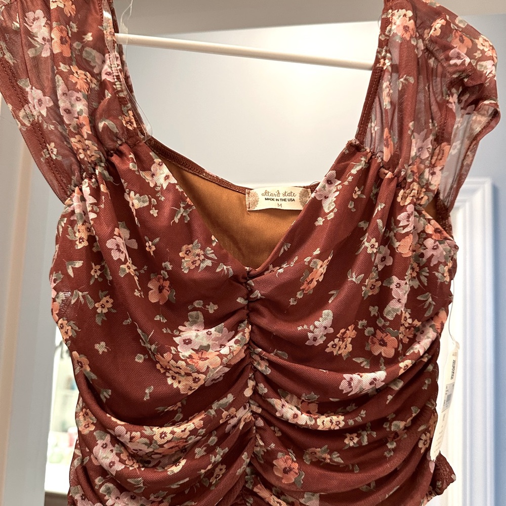 NWT Brown floral off shoulder touched top